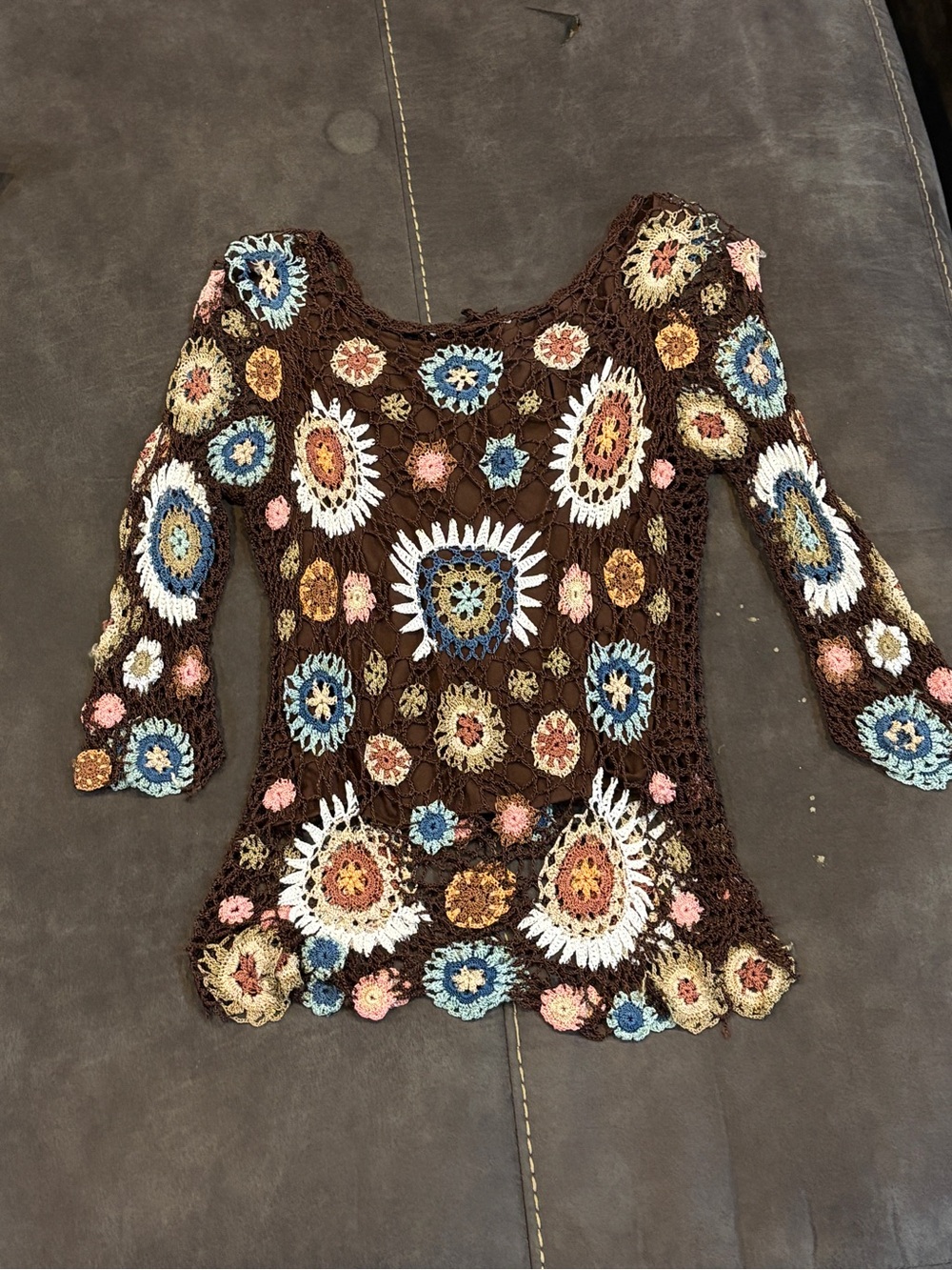 Vintage Y2K Crochet Floral Tunic Top Brown Multicolor Boho Festival Women’s S